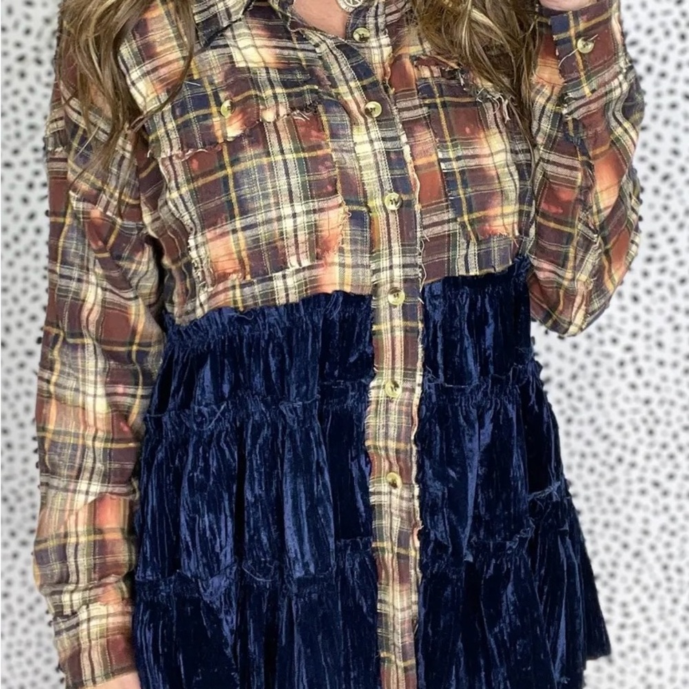 Oli & Hali Plaid and Velvet Blouse - Brown and Blue
